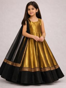 Tiny Pants - Girls Gold and Black Anarkali Kurta with Dupatta & Pant