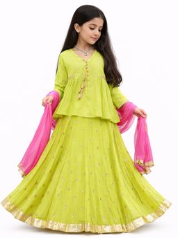Tiny Pants - Girls Lime Green Lehenga With Choli with Pink Dupatta