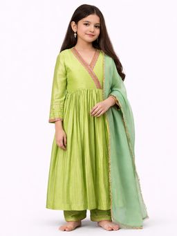 Tiny Pants - Girls Light Green Anarkali Kurta with Dupatta & Pant