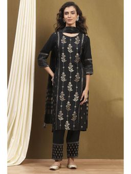 Biba - Womens Black Viscose Blend Straight Kurta with Pant & Dupatta (Set of 3)