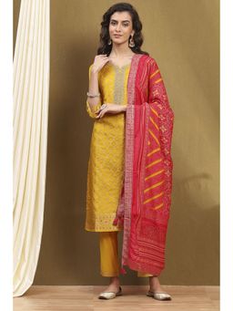 Biba - Womens Mustard Viscose Blend Straight Kurta with Pant & Dupatta (Set of 3)