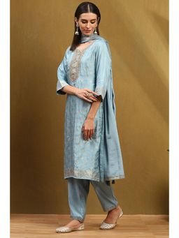 Biba - Womens Blue Viscose Blend Straight Kurta with Pant & Dupatta (Set of 3)