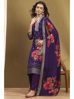 Biba - Womens Purple Viscose Blend Straight Kurta with Pant & Dupatta (Set of 3)