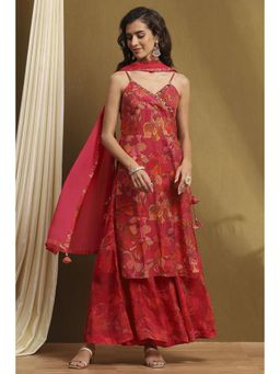 Biba - Womens Rust Polyester Blend Straight Kurta with Sharara and Dupatta (Set of 3)