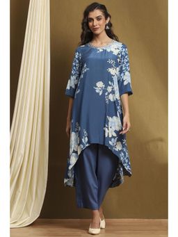 Biba - Womens Blue Modal Asymmetric Kurta with Palazzo (Set of 2)