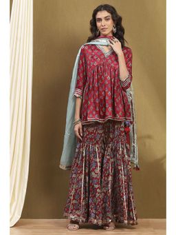 Biba - Womens Cherry Red Viscose Blend Peplum Kurta with Sharara & Dupatta (Set of 3)