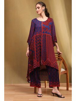 Biba - Womens Blue Printed Asymmetric Kurta with Palazzo (Set of 2)