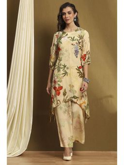 Biba - Womens Ecru Modal Asymmetric Kurta with Palazzo (Set of 2)