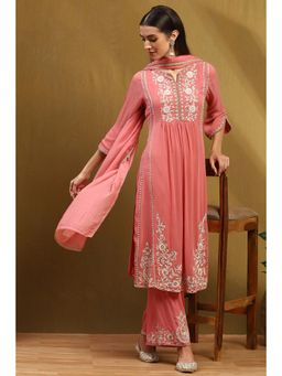 Biba - Womens Pink Silk Chanderi Gathered Kurta with Palazzo & Dupatta (Set of 3)