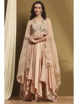 Biba - Womens Nude Silk Chanderi Asymmetric Anarkali with Pant & Dupatta (Set of 3)