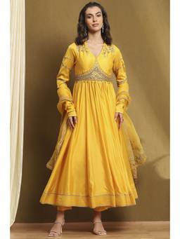 Biba - Womens Yellow Silk Chanderi Anarkali with Pant & Dupatta (Set of 3)