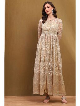 Biba - Womens Gold Net Jacket with Blouse & Sharara (Set of 3)