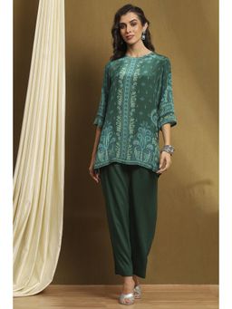 Biba - Womens Emerland Green Crepe Straight Kurta with Palazzo (Set of 2)