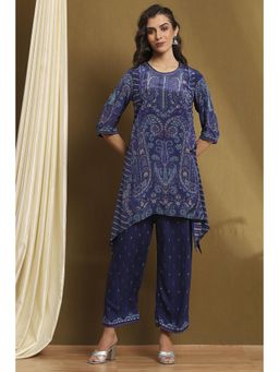 Biba - Womens Blue Crepe Asymmetric Kurta with Palazzo (Set of 2)