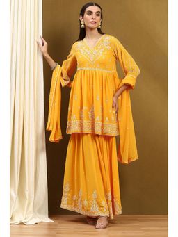 Biba - Womens Yellow Georgette Gathered Kurta with Sharara and Dupatta (Set of 3)