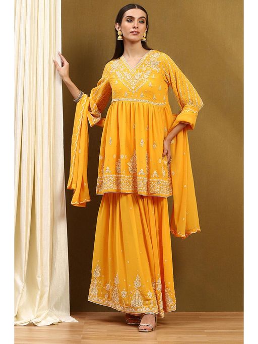 Biba Womens Yellow Georgette Gathered Kurta with Sharara and Dupatta (Set of 3)