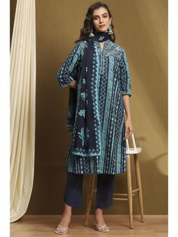 Biba - Womens Indigo Cotton Straight Kurta with Pant and Dupatta (Set of 3)