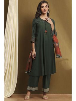 Biba - Womens Dark Green Cotton A Line Kurta with Palazzo & Dupatta (Set of 3)