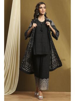 Biba - Womens Black Rayon Straight Kurta with Jacket and Palazzo (Set of 3)