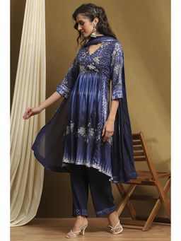 Biba - Womens Indigo Modal Gathered Kurta with Pant and Dupatta (Set of 3)
