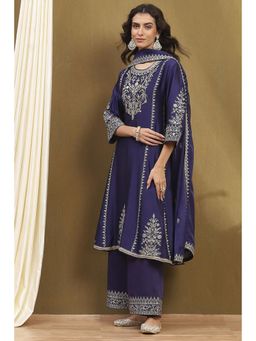 Biba - Womens Purple Silk Chanderi Kalidar Kurta with Palazzo & Dupatta (Set of 3)