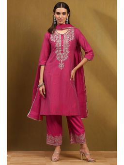 Biba - Womens Fuchsia Polyester Blend Kalidar Kurta with Pant & Dupatta (Set of 3)