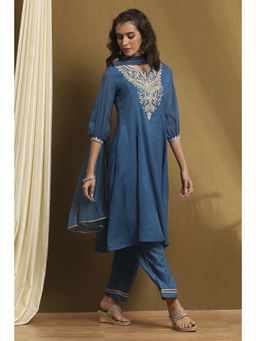 Biba - Womens Teal Polyester Blend Kalidar Kurta with Pant & Dupatta (Set of 3)