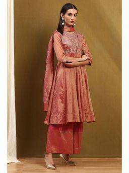 Biba - Womens Old Rose Cotton Anarkali with Palazzo & Dupatta (Set of 3)