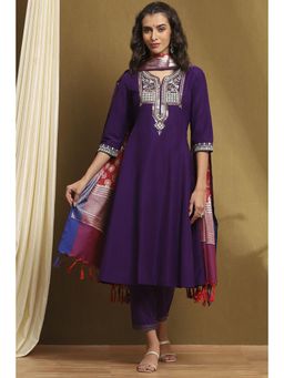 Biba - Womens Purple Polyester Blend Kalidar Anakali with Pant & Dupatta (Set of 3)