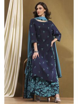 Biba - Womens Blue Cotton Straight Kurta with Gharara and Dupatta (Set of 3)