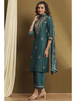 Biba - Womens Green Polyester Blend Straight Kurta with Pant & Dupatta (Set of 3)