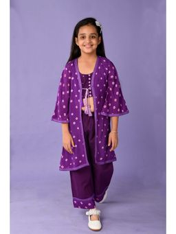 KALP - Purple Bandhini Jacket With Palazzo And Crop Top (Set of 3)