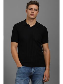 Louis Philippe - Men Black Self Deisgn Polo Neck T-Shirt