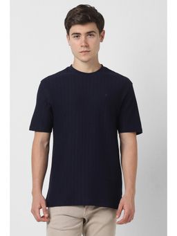 Peter England - Men Navy Blue Textured Crew Neck T-Shirt