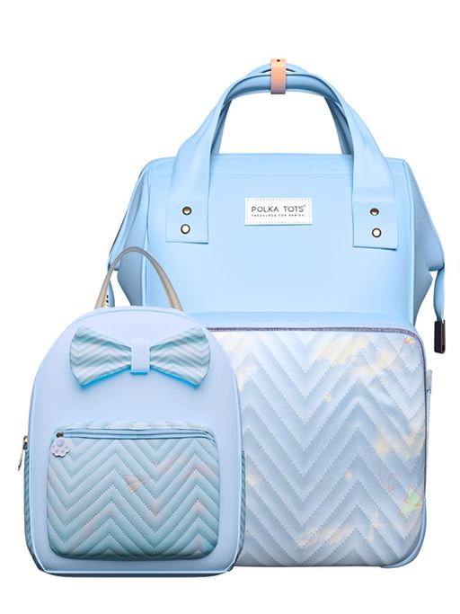 Polka Tots Blue Mama Mini Luxe Duo Diaper Bag with Attached Bow and Bag Pack (Set of 2)