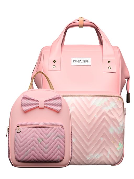 Polka Tots Pink Mama Mini Luxe Duo Diaper Bag with Attached Bow and Bag Pack (Set of 2)