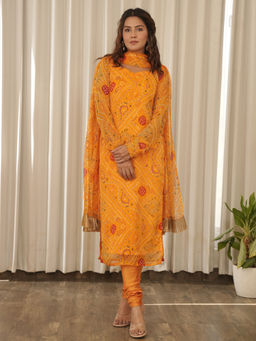 ONEWE INDIA - Yellow Bandhani Kurta with Churidar & Dupatta (Set of 3)