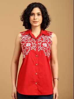 BLANC9 - Red Shirt with White Cut Out Embroidery
