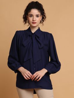 BLANC9 - Navy Tie Up Neck Puff Sleeves Shirt