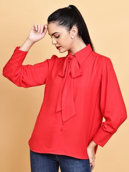 BLANC9 - Red Tie Up Neck Puff Sleeves Shirt