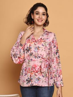 BLANC9 - Peach Floral Printed Tie Up Waist Shirt