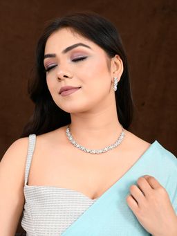 Voylla - Sparkling Elegance Glamorous Silver American Diamond Necklace Set