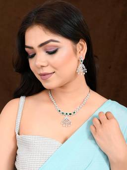 Voylla - Sparkling Elegance Opulent Filigree Green American Diamond Necklace Set