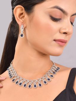 Voylla - Sparkling Elegance Blue Beauty Teardrop American Diamond Necklace Set