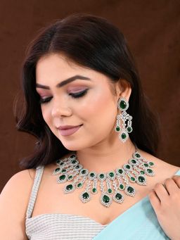 Voylla - Sparkling Elegance Emerald Green Statement American Diamond Necklace Set