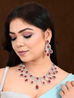 Voylla - Sparkling Elegance Red Statement American Diamond Necklace Set