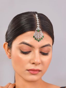 Voylla - Sparkling Elegance Timeless Green American Diamond Maang Tika