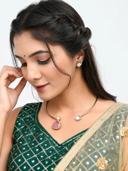 Voylla - Hasli Radiant Pink and White Kundan Stone Golden Necklace Set