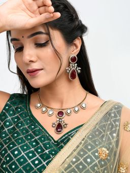 Voylla - Hasli Elegant Red Kundan-Studded Golden Necklace Set