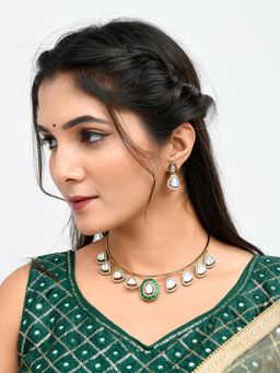Voylla - Hasli Regal Radiance Green Kundan Embellished Golden Necklace Set